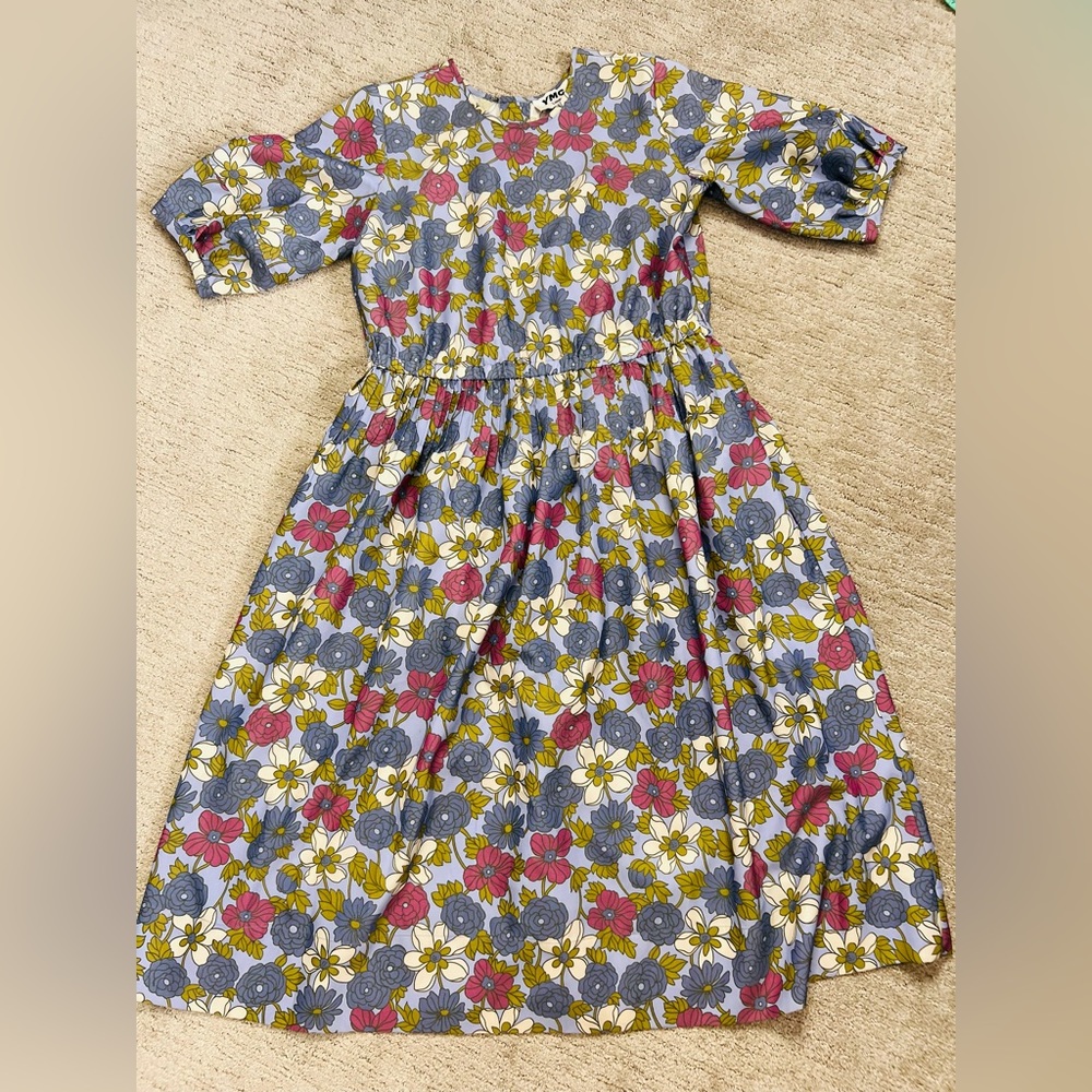 YMC London Floral Midi Smock Dress Size S 70s Mod Blue Pink Cotton Garden - Picture 13 of 16